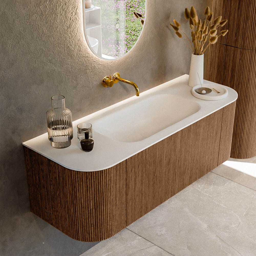 MONDIAZ KURVE 130cm badmeubel ronding Links + Rechts kleur Walnut met 1 lade en 2 deuren. Wastafel BIG SMALL Midden zonder kraangat Talc.