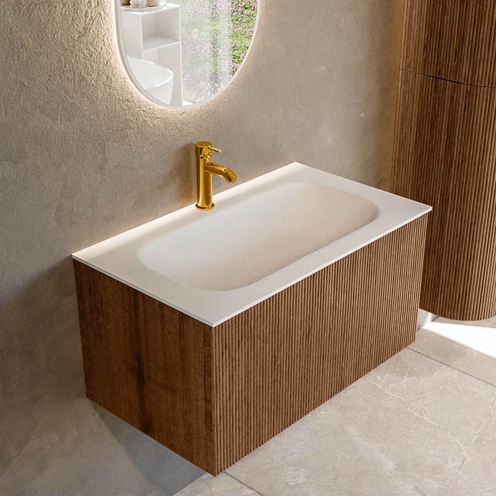MONDIAZ KURVE 80cm badmeubel kleur Walnut met 1 lade en 0 deuren. Wastafel BIG SMALL Midden 1 kraangat Talc.