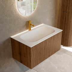 MONDIAZ KURVE 80cm badmeubel kleur Walnut met 1 lade en 0 deuren. Wastafel BIG SMALL Midden 1 kraangat Talc.