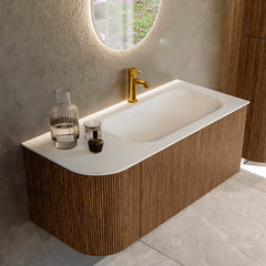 MONDIAZ KURVE 105cm badmeubel ronding Links kleur Walnut met 1 lade en 1 deur. Wastafel BIG SMALL Rechts 1 kraangat Talc.