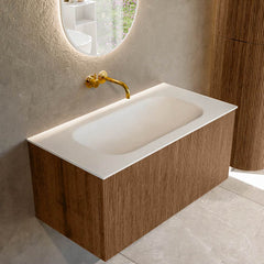 MONDIAZ KURVE 90cm badmeubel kleur Walnut met 1 lade en 0 deuren. Wastafel BIG SMALL Midden zonder kraangat Talc.