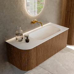 MONDIAZ KURVE 115cm badmeubel ronding Links kleur Walnut met 1 lade en 1 deur. Wastafel BIG SMALL Rechts zonder kraangat Talc.