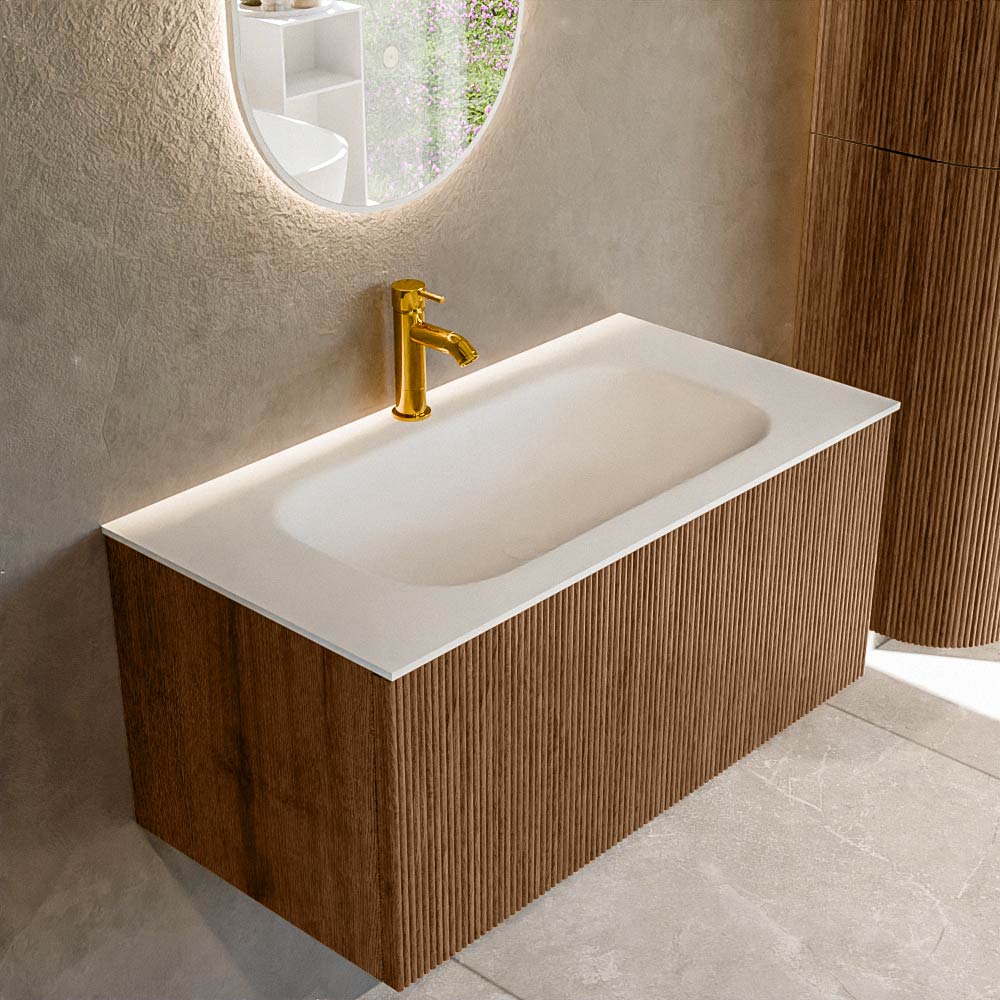 MONDIAZ KURVE 90cm badmeubel kleur Walnut met 1 lade en 0 deuren. Wastafel BIG SMALL Midden 1 kraangat Talc.