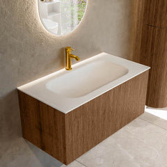 MONDIAZ KURVE 90cm badmeubel kleur Walnut met 1 lade en 0 deuren. Wastafel BIG SMALL Midden 1 kraangat Talc.