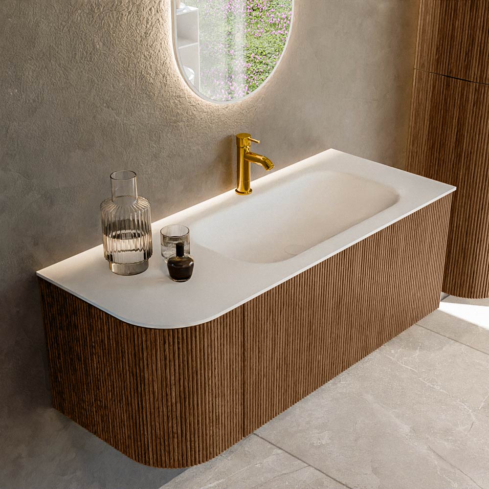 MONDIAZ KURVE 115cm badmeubel ronding Links kleur Walnut met 1 lade en 1 deur. Wastafel BIG SMALL Rechts 1 kraangat Talc.