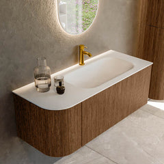 MONDIAZ KURVE 115cm badmeubel ronding Links kleur Walnut met 1 lade en 1 deur. Wastafel BIG SMALL Rechts 1 kraangat Talc.