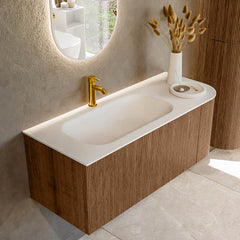 MONDIAZ KURVE 115cm badmeubel ronding Rechts kleur Walnut met 1 lade en 1 deur. Wastafel BIG SMALL Links 1 kraangat Talc.