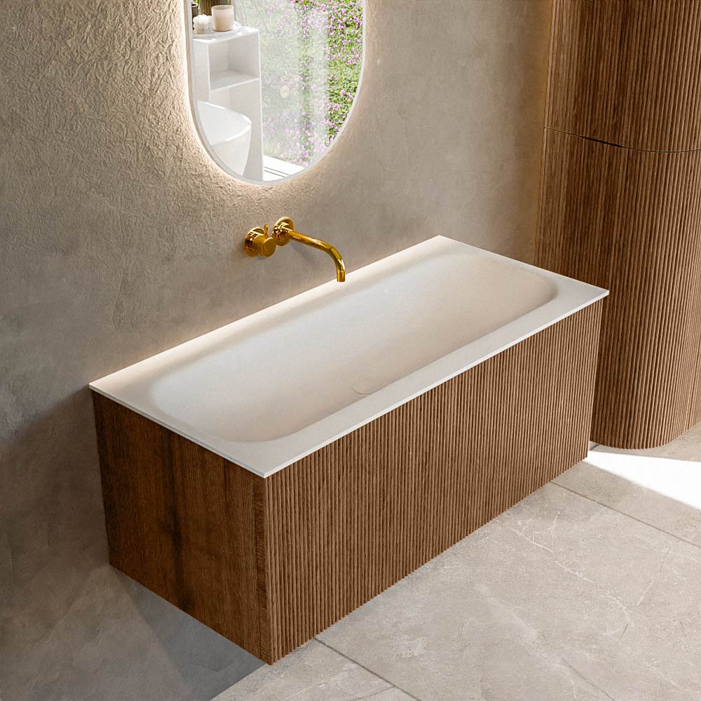 MONDIAZ KURVE 100cm badmeubel kleur Walnut met 1 lade en 0 deuren. Wastafel BIG MEDIUM Midden zonder kraangat Talc.