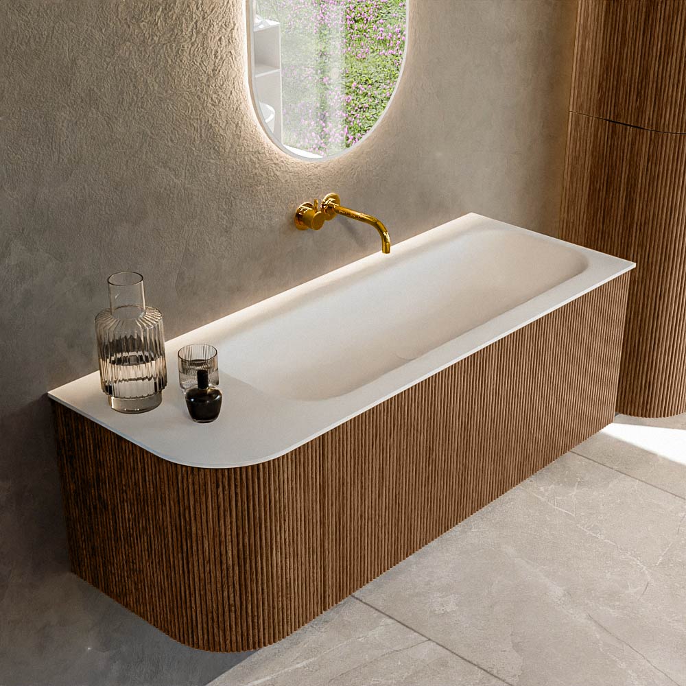MONDIAZ KURVE 125cm badmeubel ronding Links kleur Walnut met 1 lade en 1 deur. Wastafel BIG MEDIUM Rechts zonder kraangat Talc.