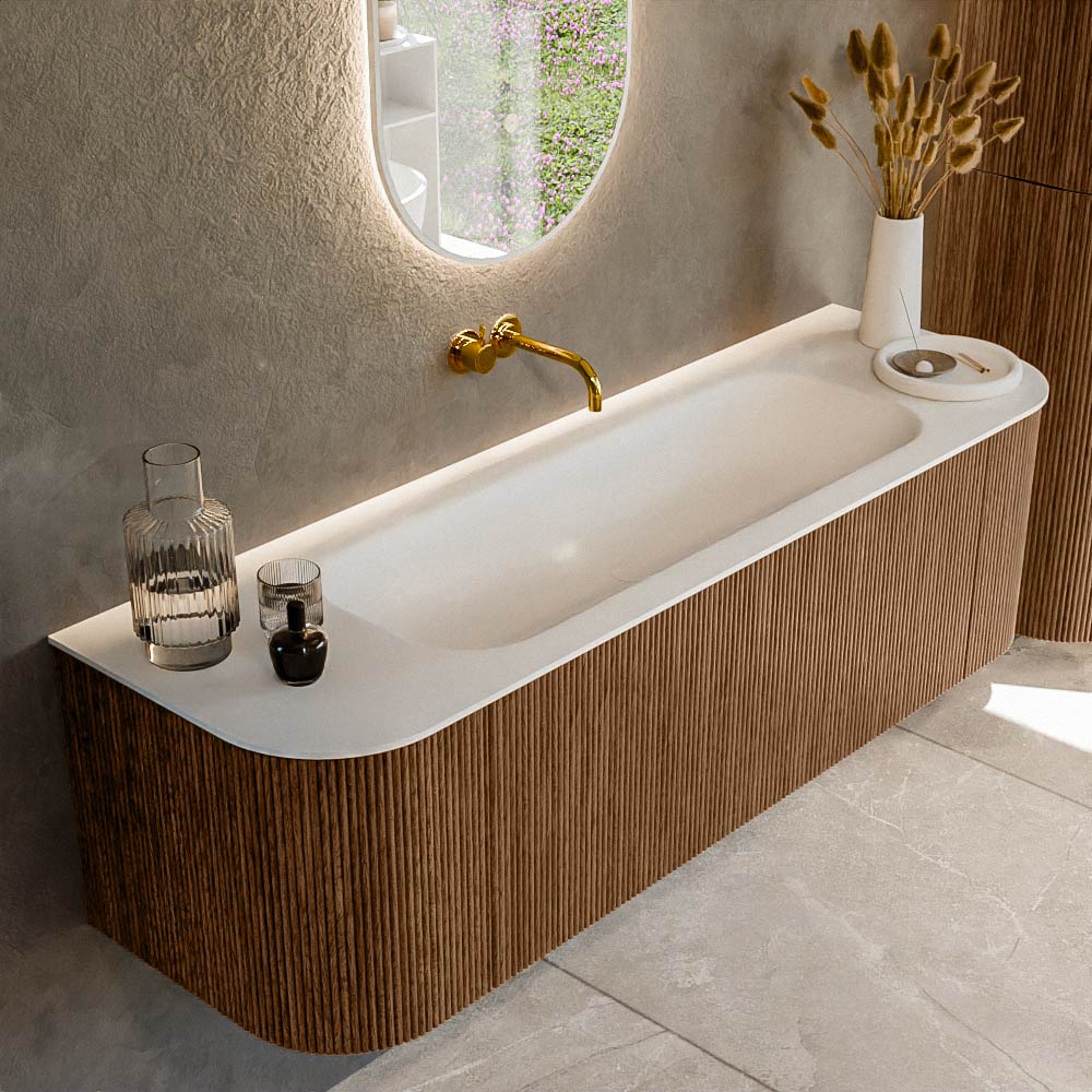 MONDIAZ KURVE 150cm badmeubel ronding Links + Rechts kleur Walnut met 1 lade en 2 deuren. Wastafel BIG MEDIUM Midden zonder kraangat Talc.