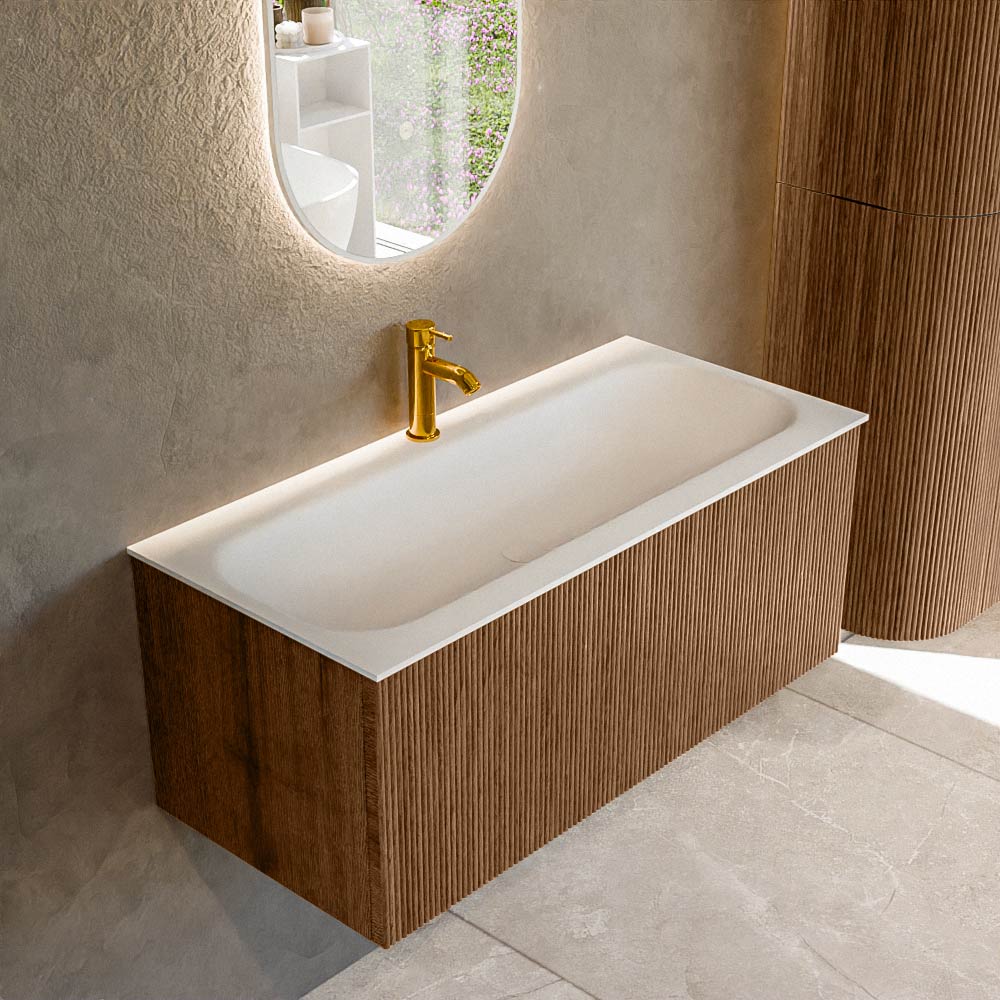 MONDIAZ KURVE 100cm badmeubel kleur Walnut met 1 lade en 0 deuren. Wastafel BIG MEDIUM Midden 1 kraangat Talc.