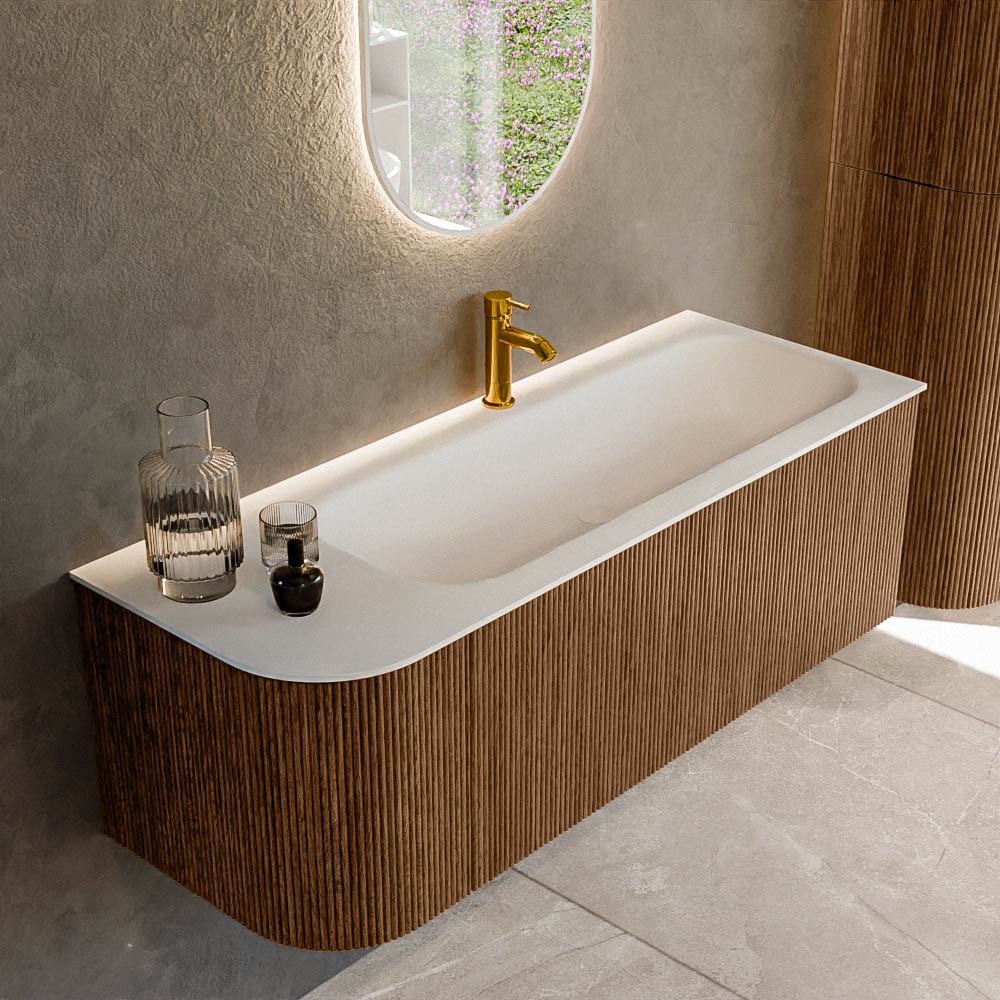MONDIAZ KURVE 125cm badmeubel ronding Links kleur Walnut met 1 lade en 1 deur. Wastafel BIG MEDIUM Rechts 1 kraangat Talc.