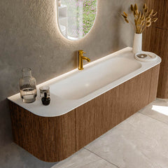 MONDIAZ KURVE 150cm badmeubel ronding Links + Rechts kleur Walnut met 1 lade en 2 deuren. Wastafel BIG MEDIUM Midden 1 kraangat Talc.