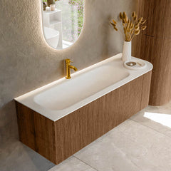 MONDIAZ KURVE 135cm badmeubel ronding Rechts kleur Walnut met 1 lade en 1 deur. Wastafel BIG MEDIUM Links 1 kraangat Talc.