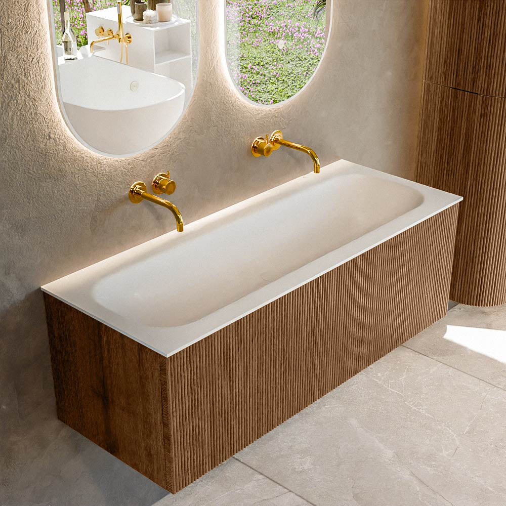 MONDIAZ KURVE 120cm badmeubel kleur Walnut met 1 lade en 0 deuren. Wastafel BIG LARGE Midden zonder kraangat Talc.