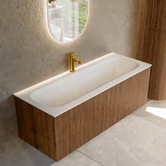 MONDIAZ KURVE 120cm badmeubel kleur Walnut met 1 lade en 0 deuren. Wastafel BIG LARGE Midden 1 kraangat Talc.