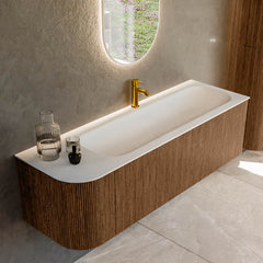 MONDIAZ KURVE 145cm badmeubel ronding Links kleur Walnut met 1 lade en 1 deur. Wastafel BIG LARGE Rechts 1 kraangat Talc.