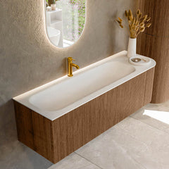 MONDIAZ KURVE 145cm badmeubel ronding Rechts kleur Walnut met 1 lade en 1 deur. Wastafel BIG LARGE Links 1 kraangat Talc.