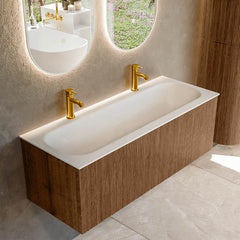 MONDIAZ KURVE 120cm badmeubel kleur Walnut met 1 lade en 0 deuren. Wastafel BIG LARGE Midden 2 kraangaten Talc.