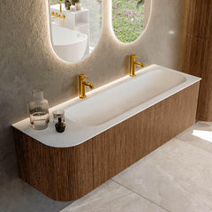 MONDIAZ KURVE 145cm badmeubel ronding Links kleur Walnut met 1 lade en 1 deur. Wastafel BIG LARGE Rechts 2 kraangaten Talc.