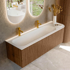 MONDIAZ KURVE 145cm badmeubel ronding Rechts kleur Walnut met 1 lade en 1 deur. Wastafel BIG LARGE Links 2 kraangaten Talc.