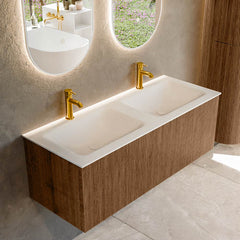 MONDIAZ KURVE 120cm badmeubel kleur Walnut met 1 lade en 0 deuren. Wastafel CLOUD Dubbel 2 kraangaten Talc.