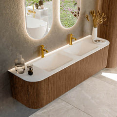 MONDIAZ KURVE 170cm badmeubel ronding Links + Rechts kleur Walnut met 1 lade en 2 deuren. Wastafel CLOUD Dubbel 2 kraangaten Talc.