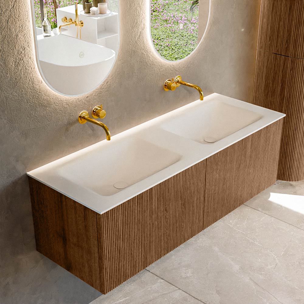MONDIAZ KURVE 130cm badmeubel kleur Walnut met 2 lades en 0 deuren. Wastafel CLOUD Dubbel zonder kraangat Talc.