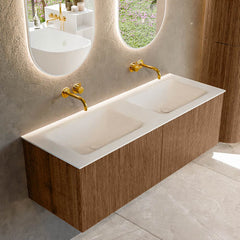 MONDIAZ KURVE 130cm badmeubel kleur Walnut met 2 lades en 0 deuren. Wastafel CLOUD Dubbel zonder kraangat Talc.