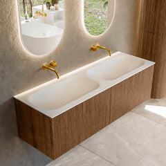 MONDIAZ KURVE 140cm badmeubel kleur Walnut met 2 lades en 0 deuren. Wastafel BIG SMALL Dubbel zonder kraangat Talc.