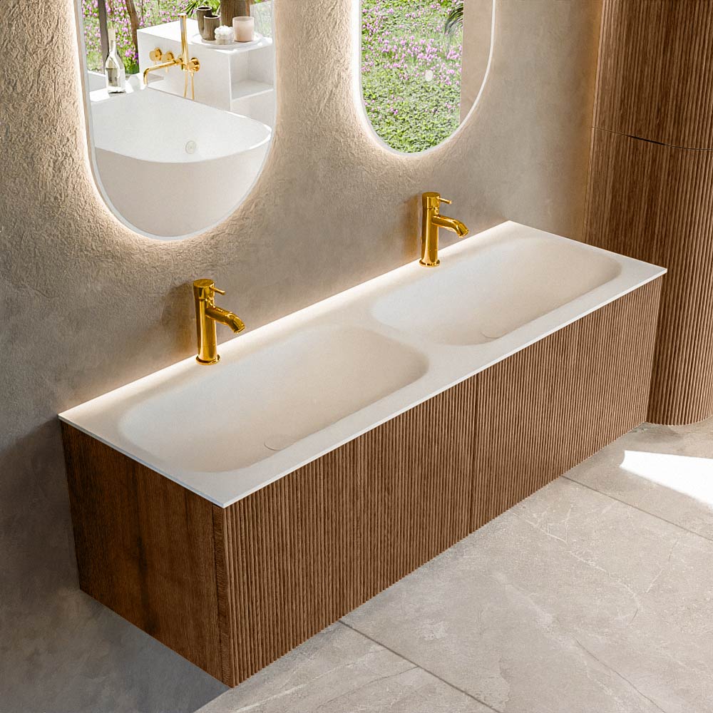 MONDIAZ KURVE 140cm badmeubel kleur Walnut met 2 lades en 0 deuren. Wastafel BIG SMALL Dubbel 2 kraangaten Talc.