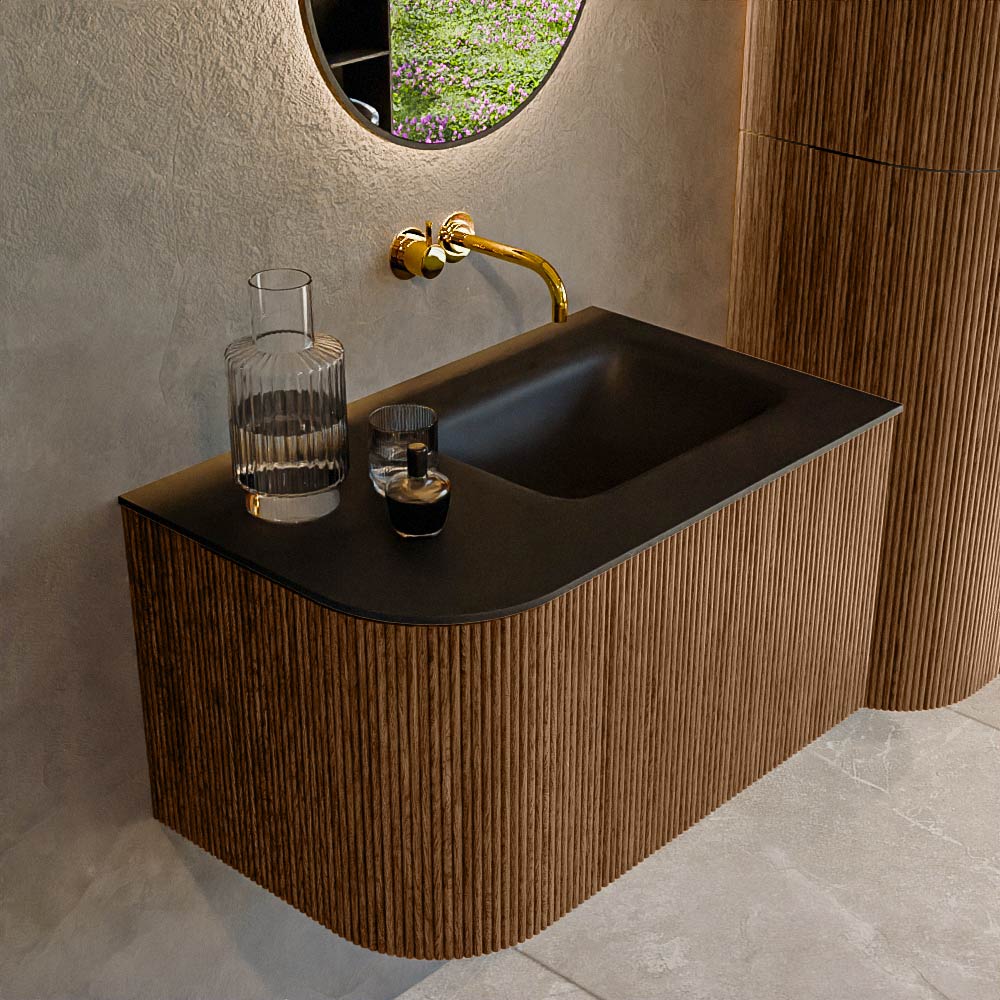 MONDIAZ KURVE 75cm badmeubel ronding Links kleur Walnut met 1 lade en 1 deur. Wastafel GRUNNE Rechts zonder kraangat Urban.