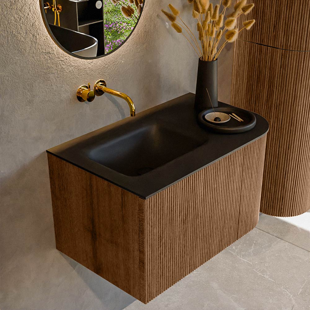 MONDIAZ KURVE 75cm badmeubel ronding Rechts kleur Walnut met 1 lade en 1 deur. Wastafel GRUNNE Links zonder kraangat Urban.