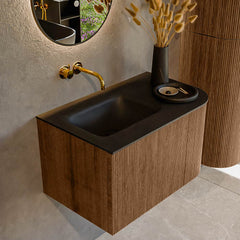 MONDIAZ KURVE 75cm badmeubel ronding Rechts kleur Walnut met 1 lade en 1 deur. Wastafel GRUNNE Links zonder kraangat Urban.