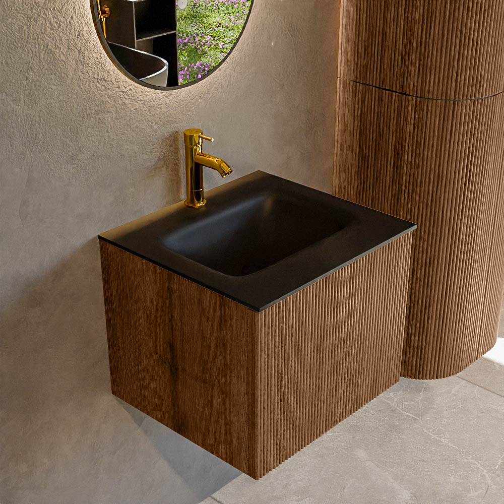 MONDIAZ KURVE 50cm badmeubel kleur Walnut met 1 lade en 0 deuren. Wastafel GRUNNE Midden 1 kraangat Urban.
