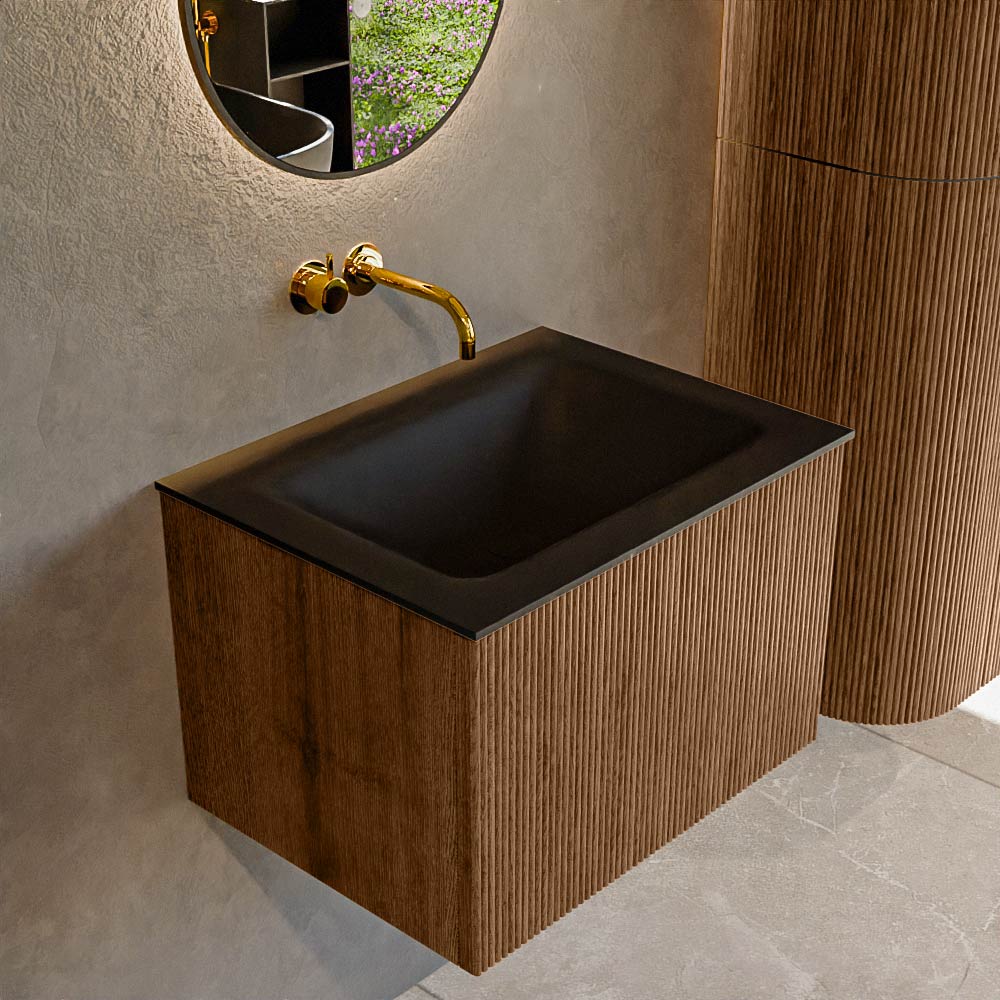 MONDIAZ KURVE 60cm badmeubel kleur Walnut met 1 lade en 0 deuren. Wastafel CLOUD Midden zonder kraangat Urban.