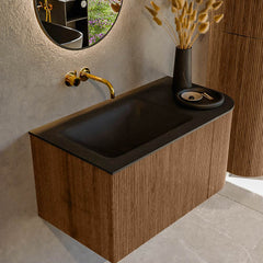 MONDIAZ KURVE 85cm badmeubel ronding Rechts kleur Walnut met 1 lade en 1 deur. Wastafel CLOUD Links zonder kraangat Urban.