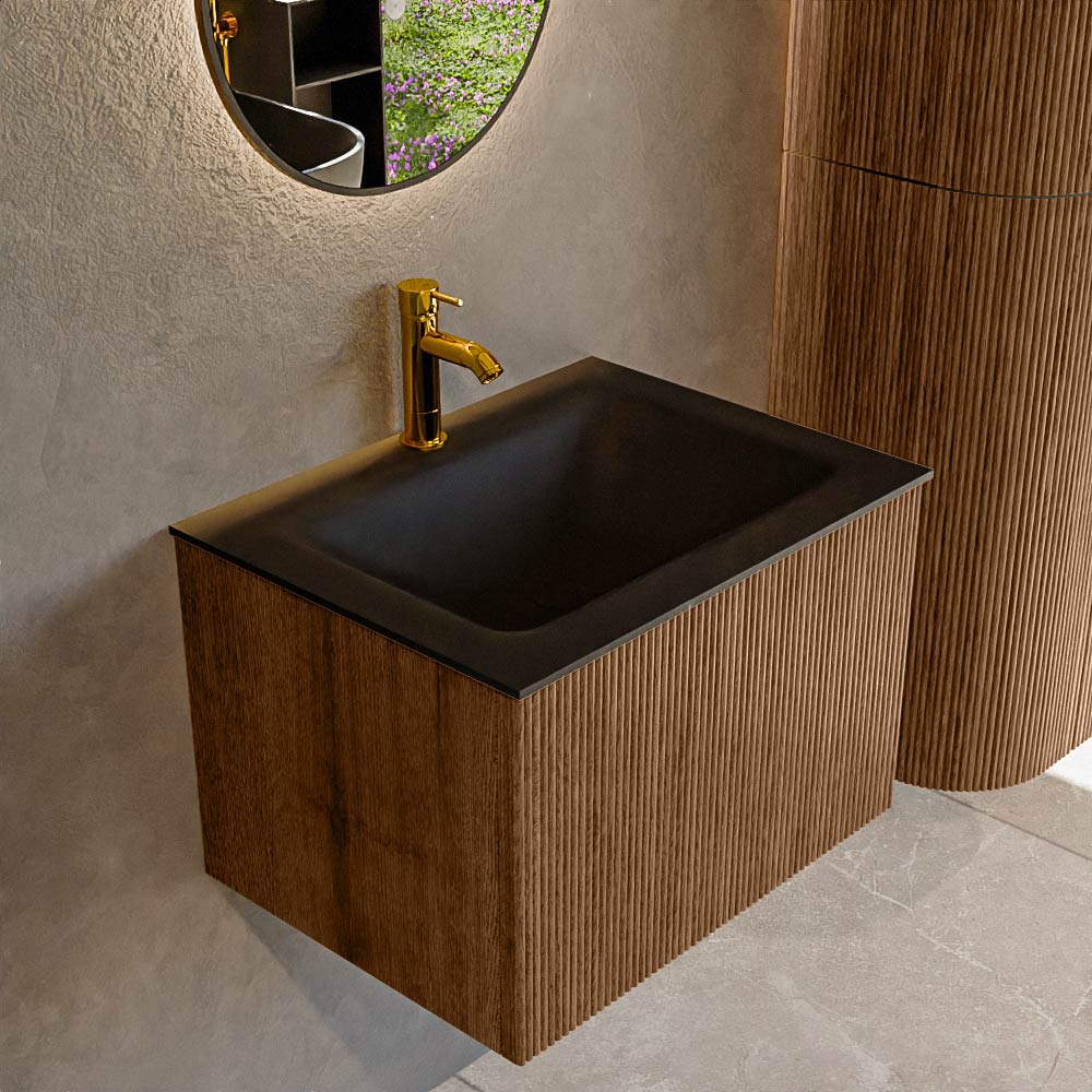 MONDIAZ KURVE 60cm badmeubel kleur Walnut met 1 lade en 0 deuren. Wastafel CLOUD Midden 1 kraangat Urban.