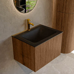 MONDIAZ KURVE 60cm badmeubel kleur Walnut met 1 lade en 0 deuren. Wastafel CLOUD Midden 1 kraangat Urban.