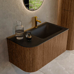 MONDIAZ KURVE 85cm badmeubel ronding Links kleur Walnut met 1 lade en 1 deur. Wastafel CLOUD Rechts 1 kraangat Urban.