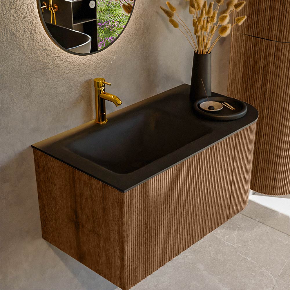 MONDIAZ KURVE 85cm badmeubel ronding Rechts kleur Walnut met 1 lade en 1 deur. Wastafel CLOUD Links 1 kraangat Urban.
