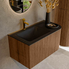 MONDIAZ KURVE 85cm badmeubel ronding Rechts kleur Walnut met 1 lade en 1 deur. Wastafel CLOUD Links 1 kraangat Urban.