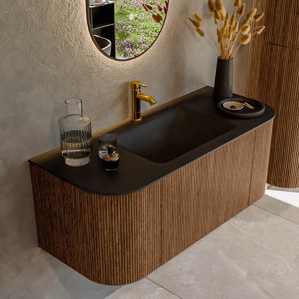 MONDIAZ KURVE 110cm badmeubel ronding Links + Rechts kleur Walnut met 1 lade en 2 deuren. Wastafel CLOUD Midden 1 kraangat Urban.