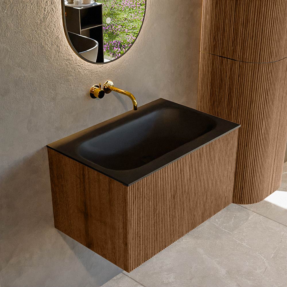 MONDIAZ KURVE 70cm badmeubel kleur Walnut met 1 lade en 0 deuren. Wastafel BIG SMALL Midden zonder kraangat Urban.