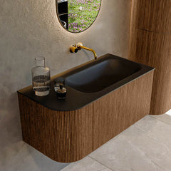 MONDIAZ KURVE 95cm badmeubel ronding Links kleur Walnut met 1 lade en 1 deur. Wastafel BIG SMALL Rechts zonder kraangat Urban.
