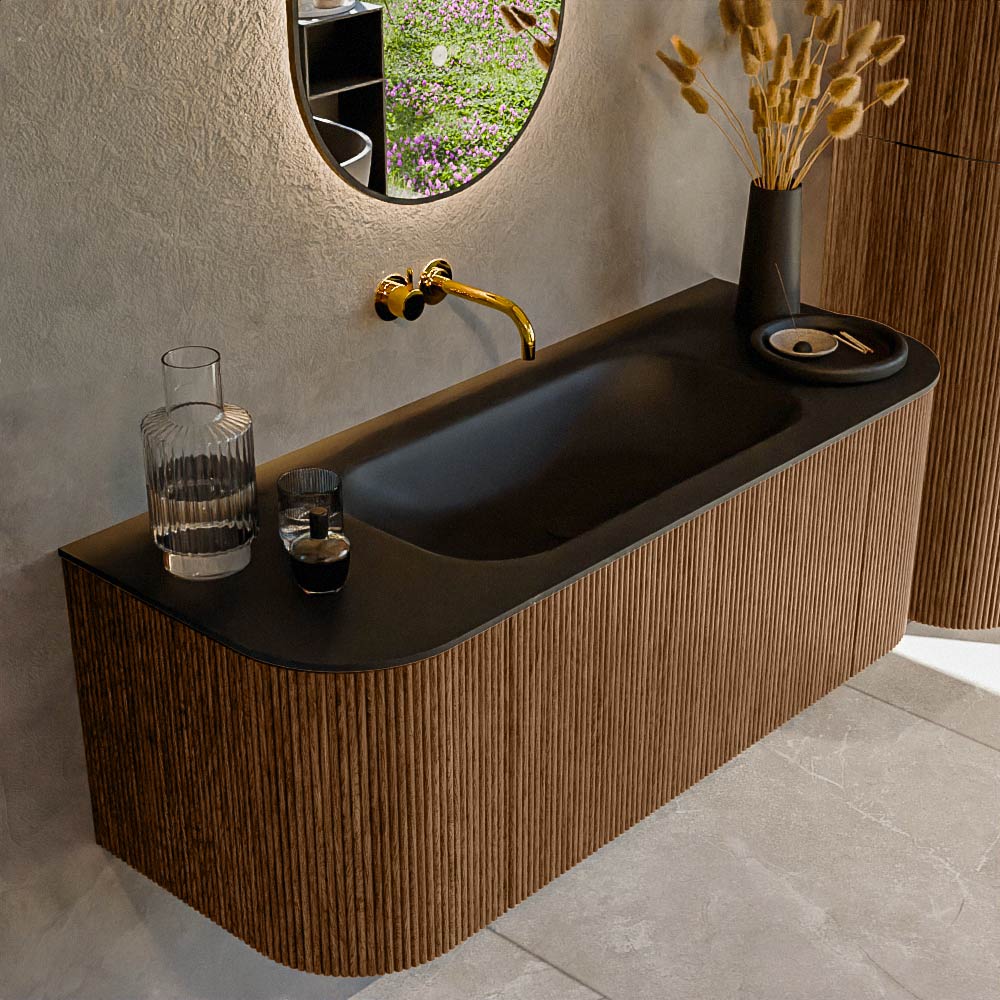 MONDIAZ KURVE 120cm badmeubel ronding Links + Rechts kleur Walnut met 1 lade en 2 deuren. Wastafel BIG SMALL Midden zonder kraangat Urban.