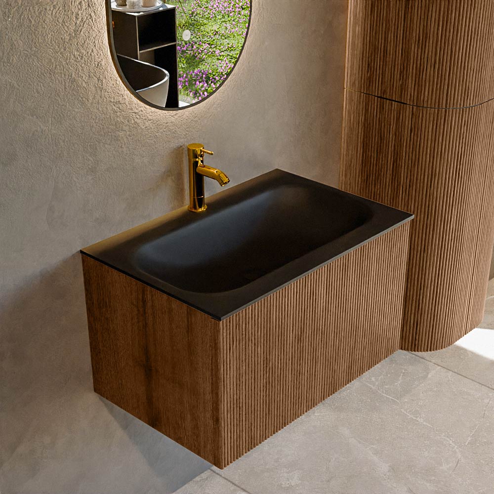 MONDIAZ KURVE 70cm badmeubel kleur Walnut met 1 lade en 0 deuren. Wastafel BIG SMALL Midden 1 kraangat Urban.