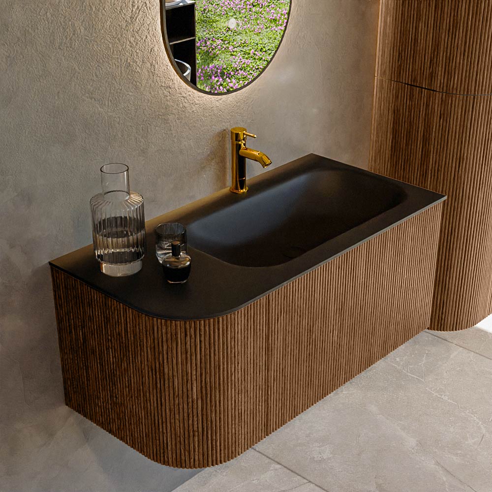 MONDIAZ KURVE 95cm badmeubel ronding Links kleur Walnut met 1 lade en 1 deur. Wastafel BIG SMALL Rechts 1 kraangat Urban.