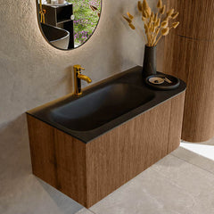 MONDIAZ KURVE 95cm badmeubel ronding Rechts kleur Walnut met 1 lade en 1 deur. Wastafel BIG SMALL Links 1 kraangat Urban.