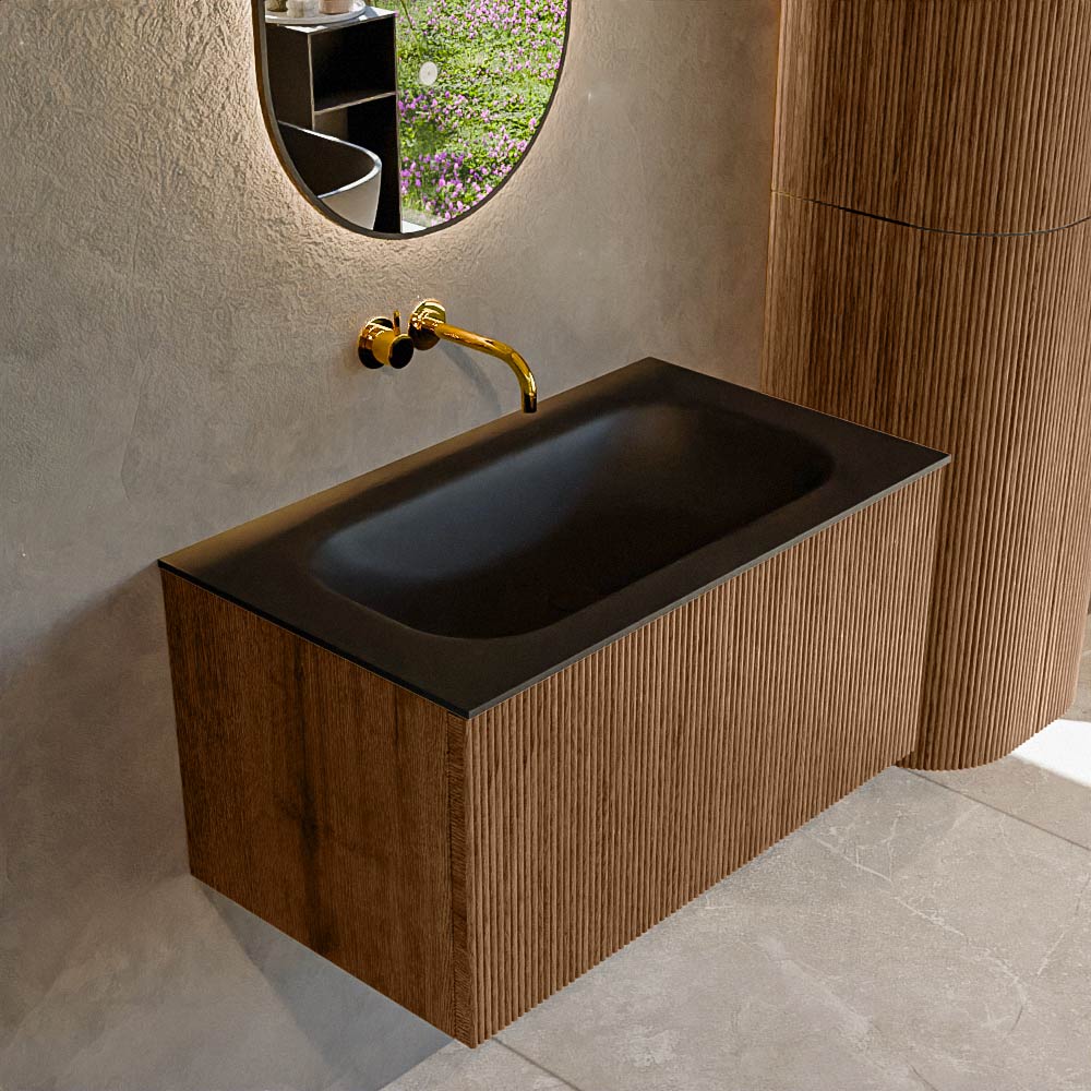 MONDIAZ KURVE 80cm badmeubel kleur Walnut met 1 lade en 0 deuren. Wastafel BIG SMALL Midden zonder kraangat Urban.